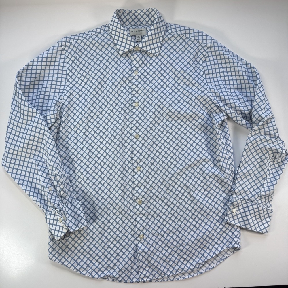 BANANA REPUBLIC Long Sleeve Button Up Shirt Mens 15-15 1/2 Med Blue Pattern‎